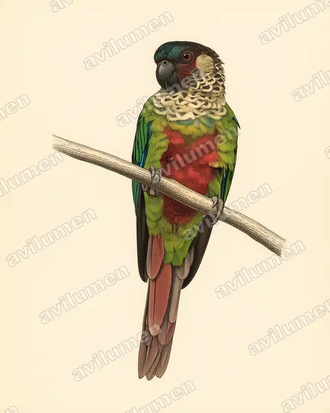 Ilustración en Lámina antigua: Pyrrhura amazonum (Perico santarém)