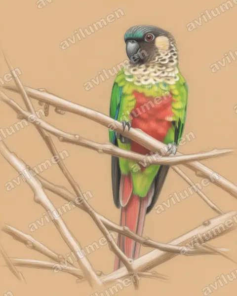 Ilustración en Lápiz de color: Pyrrhura amazonum (Perico santarém)