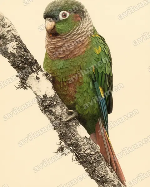 Ilustración en Lámina antigua: Pyrrhura calliptera (Periquito aliamarillo)