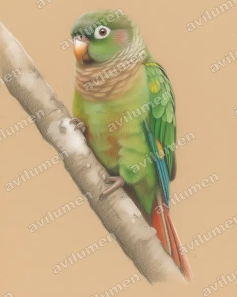 Ilustración en Lápiz de color: Pyrrhura calliptera (Periquito aliamarillo)
