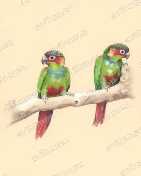 Illustration Crayon de couleur : Pyrrhura cruentata (Conure tiriba)