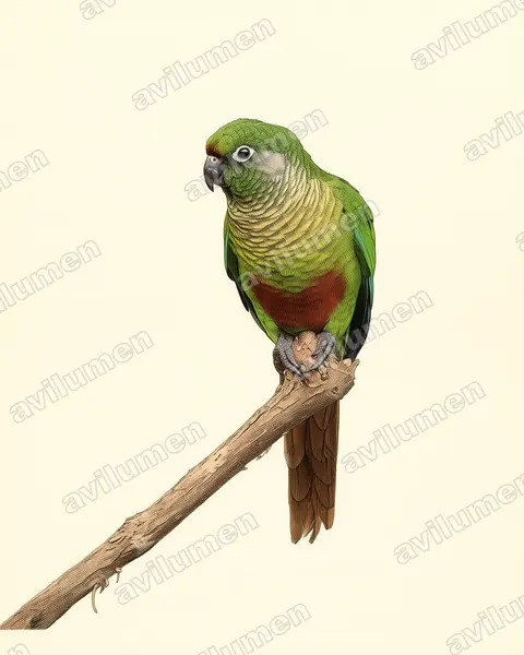 Ilustración en Lámina antigua: Pyrrhura frontalis (Perico de vientre rojo)