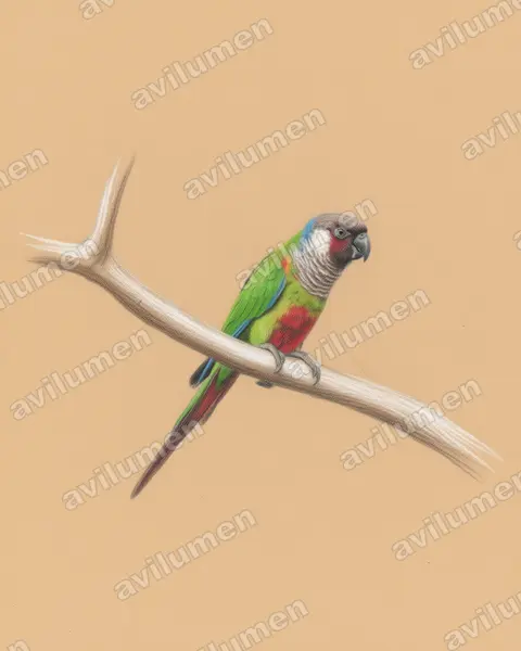 Colored pencil illustration: Pyrrhura griseipectus (Grey-breasted Parakeet)