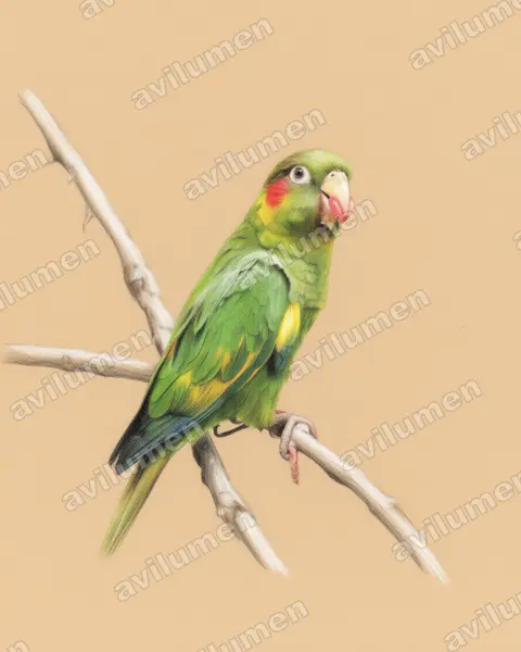 Colored pencil illustration: Pyrrhura hoffmanni (Sulphur-winged Parakeet)