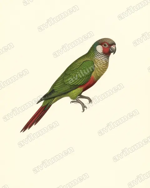 Illustration im Stil Historische Tafel: White-eared Parakeet (Pyrrhura leucotis)