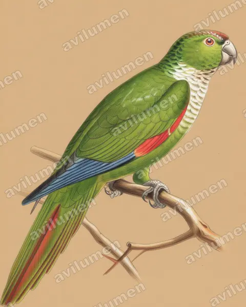 Colored pencil illustration: Pyrrhura melanura (Maroon-tailed Parakeet)