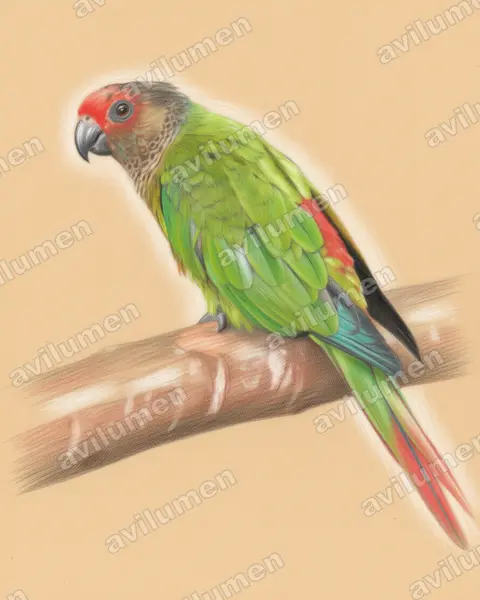 Illustration im Stil Buntstift: Rose-fronted Parakeet (Pyrrhura roseifrons)
