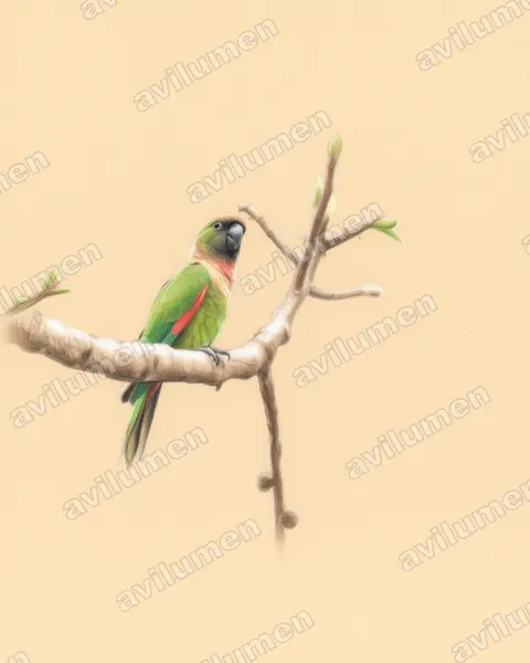 Ilustración en Lápiz de color: Pyrrhura rupicola (Cotorra capirotada)