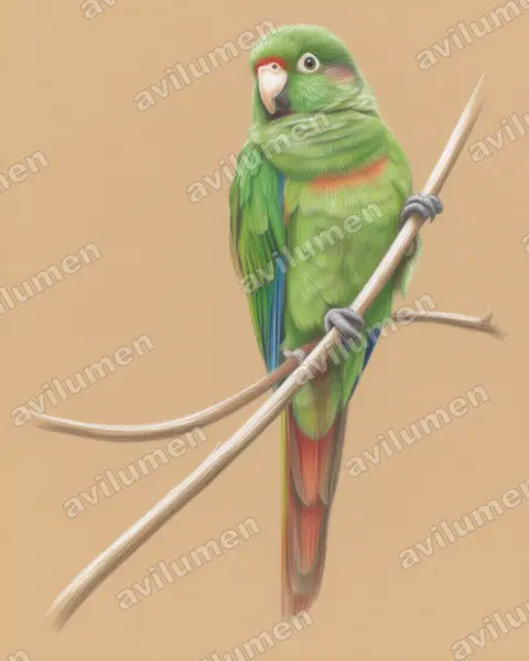 Santa Marta Parakeet（Pyrrhura viridicata）的彩色铅笔插画