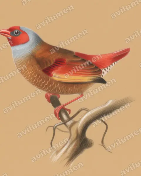 橙翅斑腹雀（Pytilia afra）的彩色铅笔插画