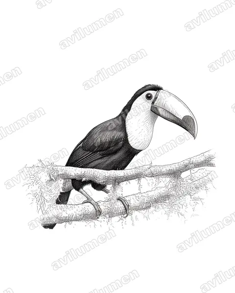 Illustration im Stil Tusche: Küstentukan (Ramphastos brevis)