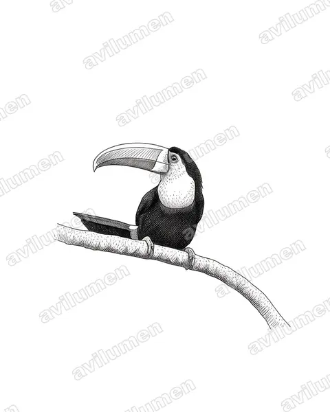 枸櫞喉鵎鵼（Ramphastos citreolaemus）的钢笔墨线插画