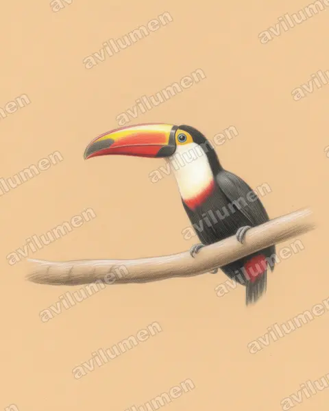 Illustration Crayon de couleur : Ramphastos tucanus (Toucan à bec rouge)