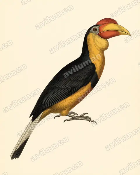 皱盔犀鸟（Rhabdotorrhinus corrugatus）的古典图版插画