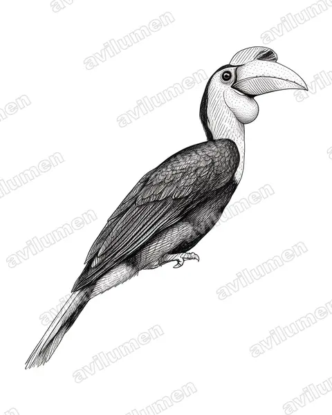 皱盔犀鸟（Rhabdotorrhinus corrugatus）的钢笔墨线插画