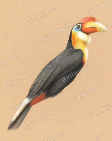 皱盔犀鸟（Rhabdotorrhinus corrugatus）的彩色铅笔插画