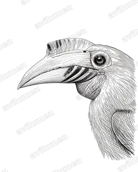 Illustration Encre : Rhabdotorrhinus leucocephalus (Calao de Vieillot)