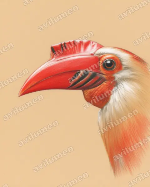 Illustration Crayon de couleur : Rhabdotorrhinus leucocephalus (Calao de Vieillot)