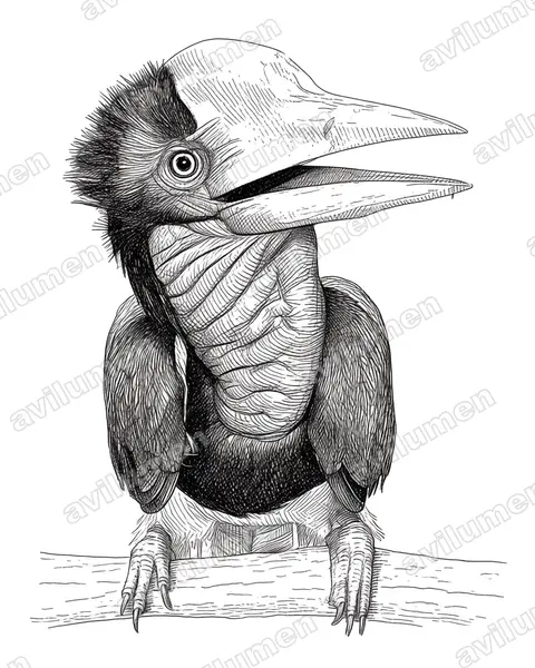 钢盔犀鸟（Rhinoplax vigil）的钢笔墨线插画