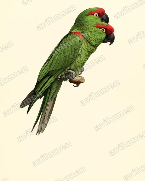 Ilustración en Lámina antigua: Rhynchopsitta pachyrhyncha (Cotorra serrana occidental)