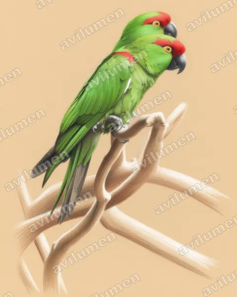 Ilustración en Lápiz de color: Rhynchopsitta pachyrhyncha (Cotorra serrana occidental)