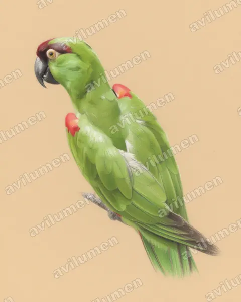 Illustration im Stil Buntstift: Maroon-fronted Parrot (Rhynchopsitta terrisi)