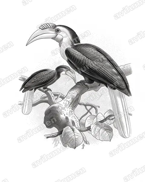 Illustration im Stil Tusche: Sundajahrvogel (Rhyticeros subruficollis)