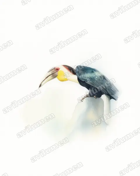 Ilustración en Acuarela: Rhyticeros undulatus (Aceros undulatus)