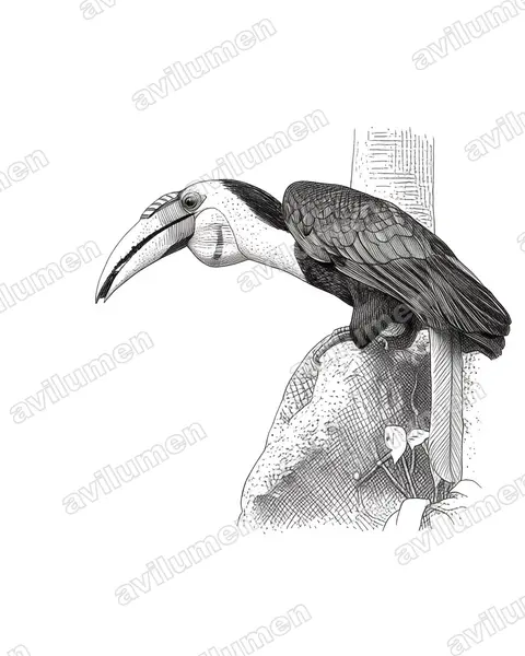 Ilustración en Tinta: Rhyticeros undulatus (Aceros undulatus)