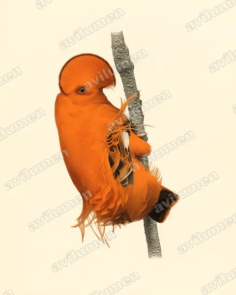 Ilustración en Lámina antigua: Rupicola rupicola (Gallito de las rocas guayanés​)