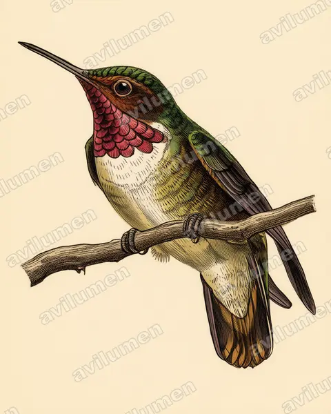 辉喉煌蜂鸟（Selasphorus ardens）的古典图版插画