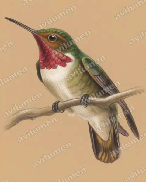 辉喉煌蜂鸟（Selasphorus ardens）的彩色铅笔插画
