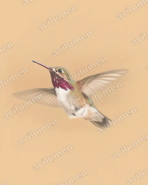 Colored pencil illustration: Selasphorus calliope (Calliope hummingbird)