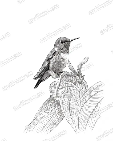 Ink illustration: Selasphorus flammula (Volcano hummingbird)