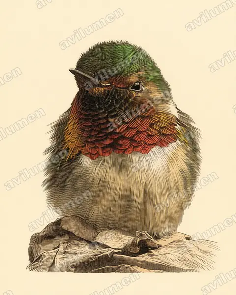 Illustration im Stil Historische Tafel: Orangekehlelfe (Selasphorus scintilla)