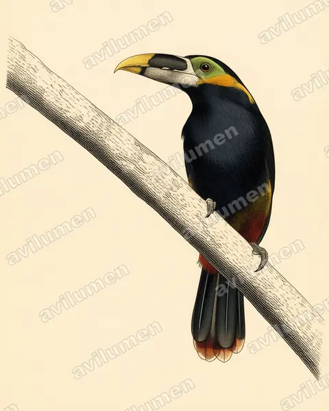 Ilustración en Lámina antigua: Selenidera gouldii (Tucanete de Gould)