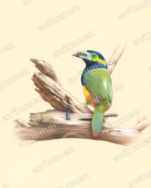 Ilustración en Lápiz de color: Selenidera maculirostris (Tucancito de pico maculado)