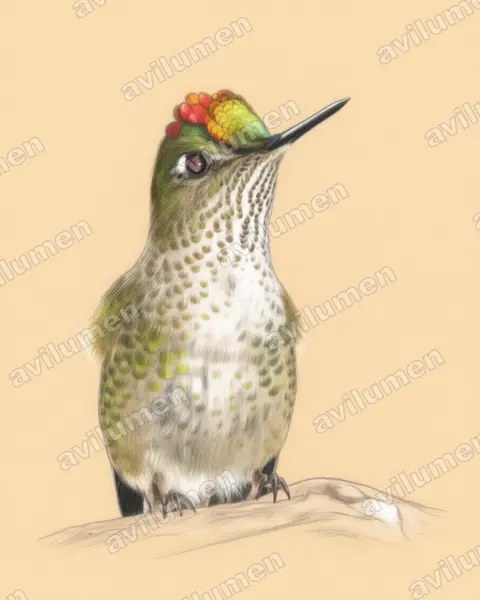 Colored pencil illustration: Sephanoides sephaniodes (Green-backed firecrown)