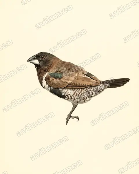 Vintage plate illustration: Spermestes cucullata (Bronze mannikin)