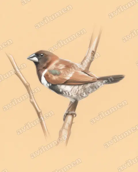 Colored pencil illustration: Spermestes cucullata (Bronze mannikin)