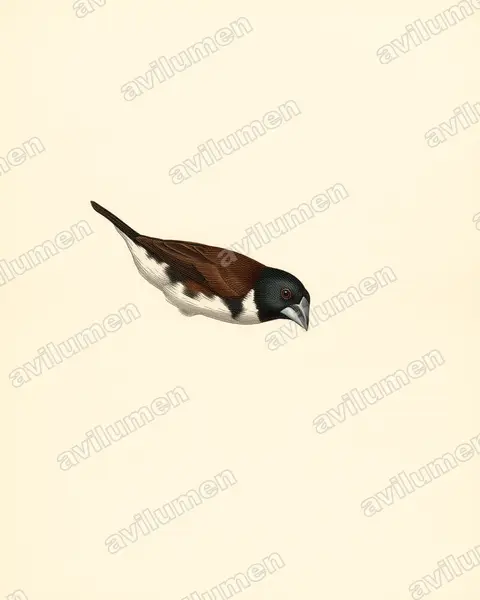 Vintage plate illustration: Spermestes fringilloides (Magpie mannikin)