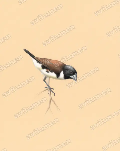 Colored pencil illustration: Spermestes fringilloides (Magpie mannikin)