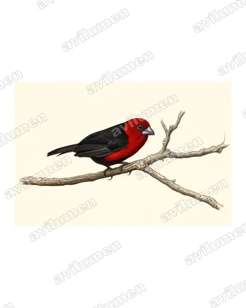 Ilustración en Lámina antigua: Spermophaga ruficapilla (Estrilda piquigorda cabecirroja)