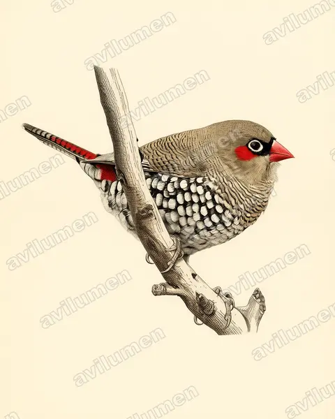Ilustración en Lámina antigua: Stagonopleura oculata (Diamante orejirrojo)