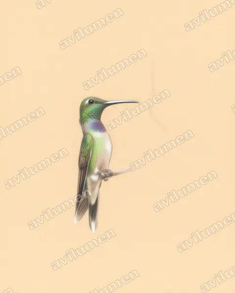 紫罗兰胸蜂鸟（Sternoclyta cyanopectus）的彩色铅笔插画