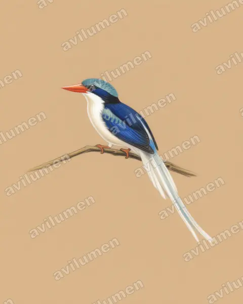 Ilustración en Lápiz de color: Tanysiptera ellioti (Alción colilargo de la Kofiau)