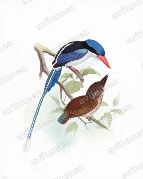 Watercolor illustration: Tanysiptera hydrocharis (Little Paradise Kingfisher)