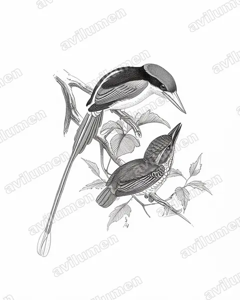 Ink illustration: Tanysiptera hydrocharis (Little Paradise Kingfisher)