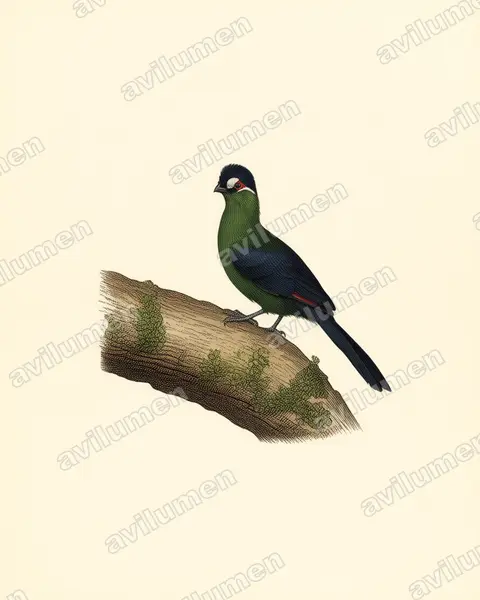 Ilustración en Lámina antigua: Tauraco hartlaubi (Turaco de Hartlaub)