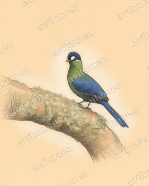Ilustración en Lápiz de color: Tauraco hartlaubi (Turaco de Hartlaub)